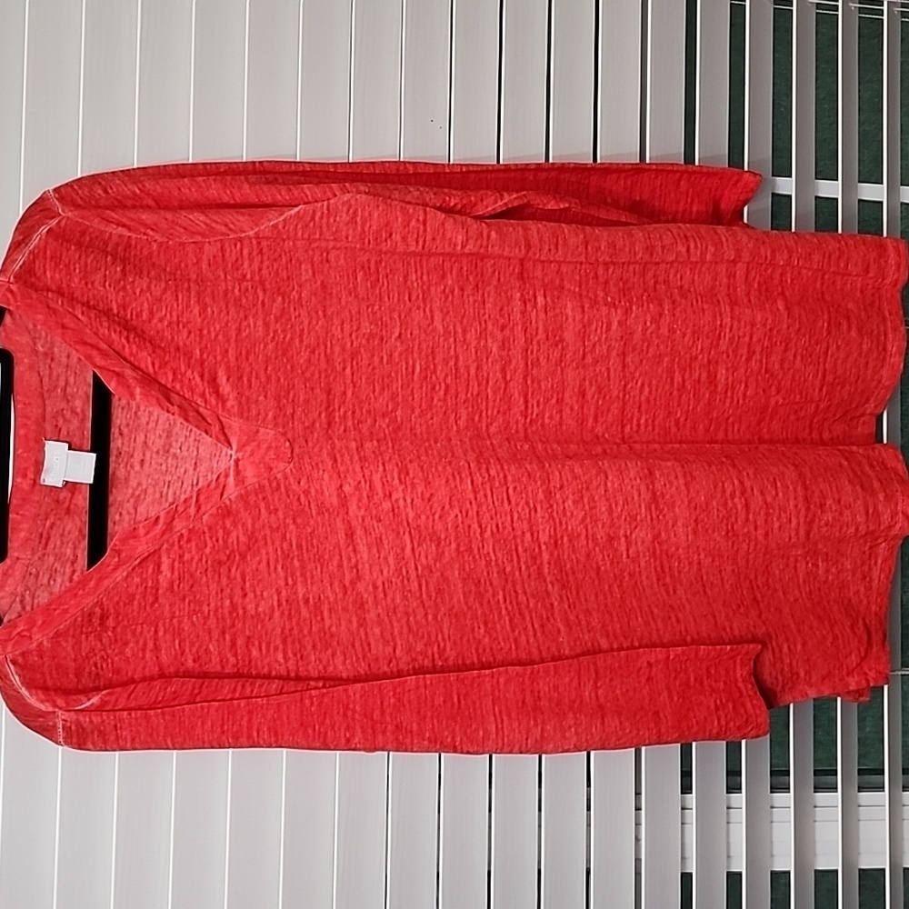Chicos Linen Split V Neck Tunic Size Lg Orange Red Slub Knit Long Sleeve Summer